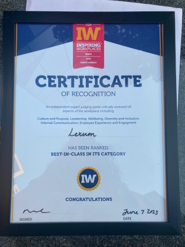 Lexum certificate of recognition Inspiring Workplace 2023