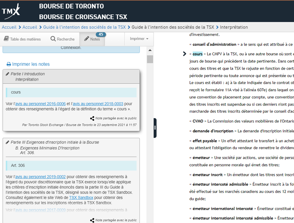 TMX utilise les notes publiques de Qweri afin de fournir à ses émetteurs du contexte supplémentaire concernant les règles de la Bourse de Montréal.